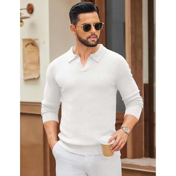 Men's Knit Polo Long Sleeve V-Neck Pullover Sweaters Collared Knitted White - Picture 2 of 6
